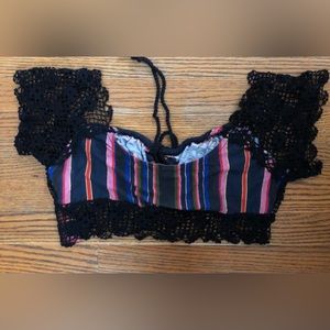 NWOT FREE PEOPLE Black Lace & Stripes Crop Top  Size S